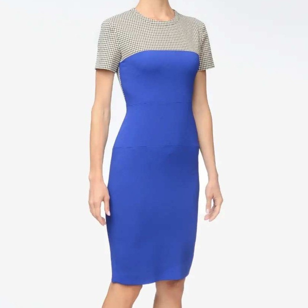 Stella McCartney Blue Colorblock Houndstooth Multi-Viscose Sheath Dress Size 44